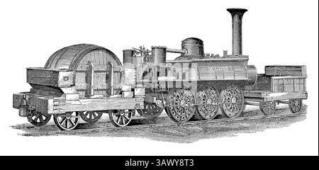 Incisione d'epoca della locomotiva a vapore Wilberforce che correva sulla Stockton and Darlington Railway. Progettato da Timothy Hackworth e utilizzato per la prima volta nel 1833. Foto Stock