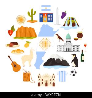 Obelisco di Buenos Aires e Cascate dell'Iguazú, Sole di maggio in cerchio con titolo illustrazione vettoriale cartoni animati. Viaggia in Argentina, elementi culturali e natura, bandiera e mappa in un banner infografico rotondo Illustrazione Vettoriale