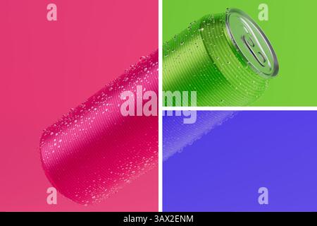 Bevanda in alluminio da 330 ml Vibrant Colors bibita soda elegante finitura lucida su sfondo a colori. Rendering 3d. Foto Stock