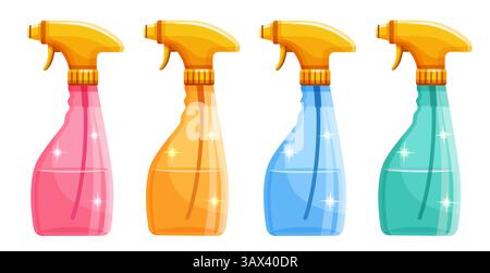 Flacone spray per acqua, detergente per spruzzatura di liquidi, spruzzatore detergente pulito. Detergente spray per lavavetri per vetri per uso domestico. Set di icone a colori antisettici per le mani Illustrazione Vettoriale