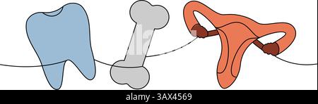 Set di organo umano disegno continuo a una linea colorata. Illustrazione a una linea continua del dente, dell'osso, del sistema riproduttivo. Illustrazione Vettoriale