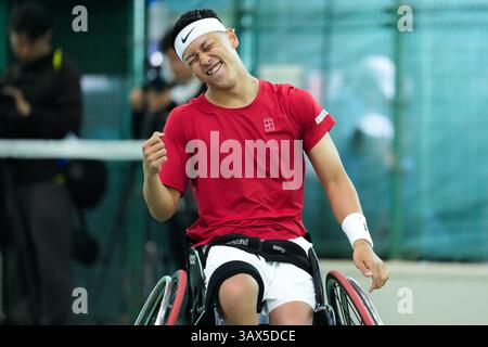 Iizuka, Giappone. 20 aprile 2025. Tokito Oda (JPN), 20 aprile 2025 - Tennis in sedia a rotelle: Finale maschile di Singles presso l'Iizuka Sports Resort durante la Coppa dell'Imperatore, la Coppa dell'Imperatrice il 41° Torneo Internazionale di Tennis in sedia a rotelle di Iizuka (Japan Open 2025) a Iizuka, Giappone. Crediti: SportsPressJP/AFLO/Alamy Live News Foto Stock