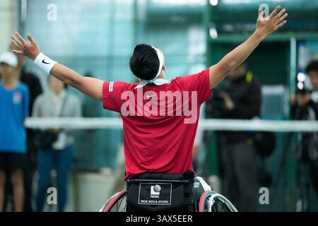 Iizuka, Giappone. 20 aprile 2025. Tokito Oda (JPN), 20 aprile 2025 - Tennis in sedia a rotelle: Finale maschile di Singles presso l'Iizuka Sports Resort durante la Coppa dell'Imperatore, la Coppa dell'Imperatrice il 41° Torneo Internazionale di Tennis in sedia a rotelle di Iizuka (Japan Open 2025) a Iizuka, Giappone. Crediti: SportsPressJP/AFLO/Alamy Live News Foto Stock
