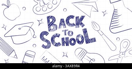Illustrazione vettoriale a tema Back to School con materiale scolastico e creatività Illustrazione Vettoriale