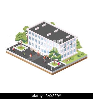 Isometric Residential, municipio, municipio. Facciata di un piccolo edificio alberghiero. Illustrazione vettoriale. Alberi e panchine. Gente che cammina in giro. Illustrazione Vettoriale