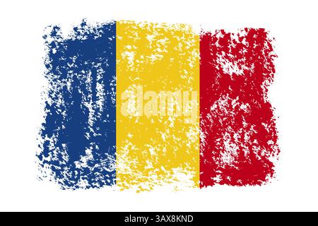 Pennellata grunge dipinta bandiera rumena isolata su sfondo bianco. Bandiera nazionale testurizzata. Bandiera rumena grunge paintbrush per la giornata nazionale Illustrazione Vettoriale