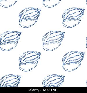 Motivo senza cuciture di conchiglie disegnate a mano su sfondo bianco per un design tessile Illustrazione Vettoriale