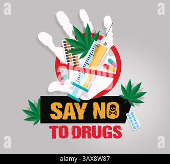No al manifesto dell'abuso di droga. Dite no ai video dei segnali di avvertenza per le droghe illegali per la campagna anti-dipendenza e l'illustrazione dei vettori dei banner di sensibilizzazione. Illustrazione Vettoriale