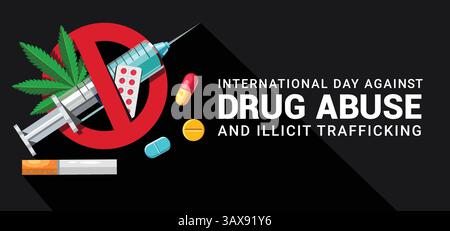 Giornata internazionale fermare la campagna di droga clipart. Banner clip art anti-abuso di droghe su sfondo nero per il vettore di design del banner STOP Addiction Illustrazione Vettoriale