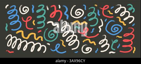 Sfondo delle linee ondulate di scoiattolo del pastello. Set di coriandoli a spirale astratti per feste. I festeggiamenti di compleanno curvi avvolgono la decorazione sulle festività bd scure. Rabbioso Illustrazione Vettoriale