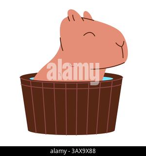 Capybara fai un bagno in acqua all'interno di una vasca da bagno in legno, un simpatico adesivo piatto che raffigura il personaggio dei cartoni animati Illustrazione Vettoriale