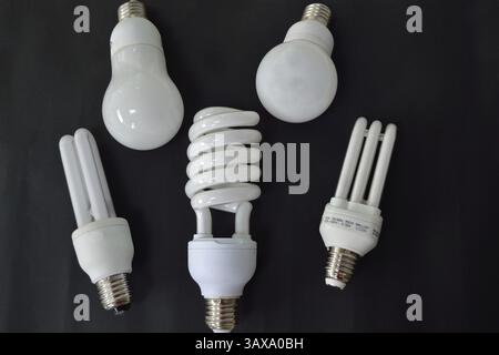 Cinque lampadine a risparmio energetico su sfondo nero, ritagliate Foto Stock