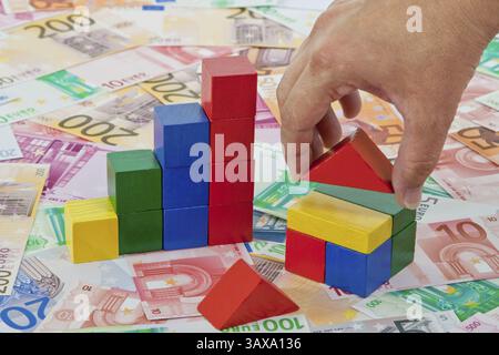 Grafico a barre e casa in blocchi da costruzione su banconote in euro Foto Stock