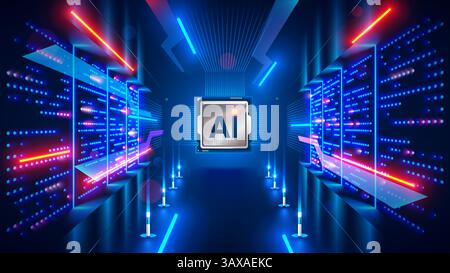 Processore con integrazione ai. Lettere AI su chip. CPU collegata all'archiviazione dati. Tecnologia di intelligenza artificiale in chip elettronico. Elaborazione dei dati Illustrazione Vettoriale
