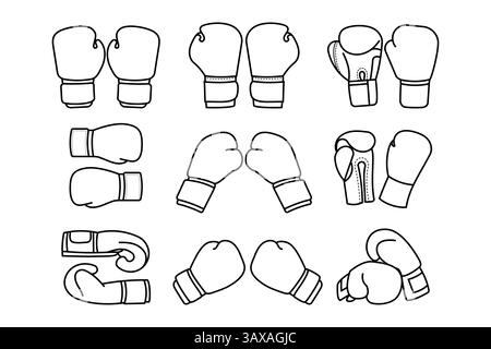 Una collezione di guanti da boxe esposti in diversi orientamenti e prospettive. Illustrazione Vettoriale