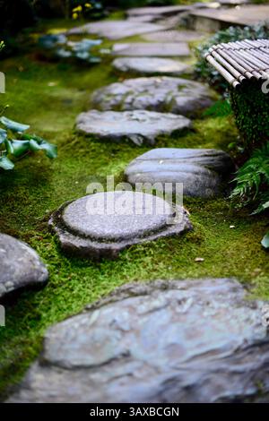 La foto mostra il percorso che attraversa il giardino della villa Garyu Sanso a Ozu City, prefettura di Ehime, Giappone. La villa è stata costruita nel corso di 14 anni e Foto Stock