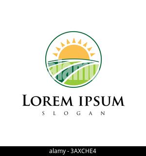 Sunrise Over Green Farm Field Circle Shape Logo Design for Farming Illustrazione Vettoriale