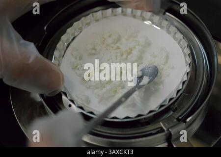 Bilance da laboratorio per la valutazione della qualità dei prodotti a base di formaggio fresco. Stabilimento lattiero-caseario. Foto Stock