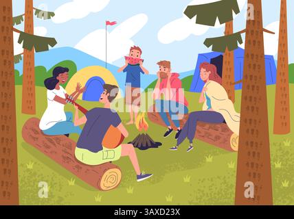 La scena del campo forestale della gente. Picnic in campeggio, campeggio in famiglia o camper con amici seduti intorno al fuoco nel paesaggio naturale estivo i turisti riposano con tende, illustrazioni vettoriali di classe opere d'arte originali Illustrazione Vettoriale