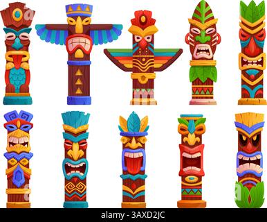 Totem tiki cartoni animati. Maschera tribale polinesiana totem hawaiano, simboli tikis, statua del dio indiano americano in legno nativo del canada alaska tribù africana volto in ordine vettoriale illustrazione grafica originale Illustrazione Vettoriale