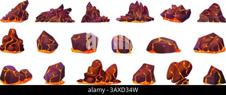 Pietre laviche. Terreno roccioso del vulcano con laves di liquido bruciato, effetto magma della superficie del gioco pietre spaccate vulcaniche terremoto fuoco incidente terrestre, cartoni animati illustrazioni vettoriali originali Illustrazione Vettoriale