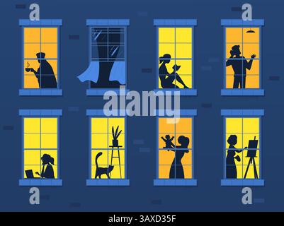 Sagome delle finestre adiacenti. Silhouette notturna nelle tende delle finestre luminose all'interno della facciata dell'edificio, la gente ombra la sera dell'appartamento, illustrazione vettoriale di classe, opere d'arte originali Illustrazione Vettoriale