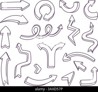 Serie di frecce disegnate a mano. Disegna la freccia in stile doodle per l'istruzione e la grafica originale del business plan Illustrazione Vettoriale