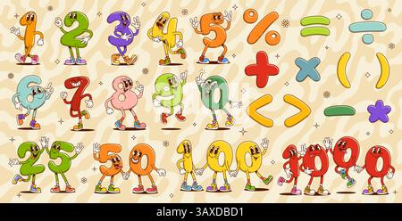 Cartoni animati, numeri matematici, educazione vettoriale per bambini. Numeri matematici a colori hippie retrò e simboli aritmetici con facce sorridenti o Illustrazione Vettoriale