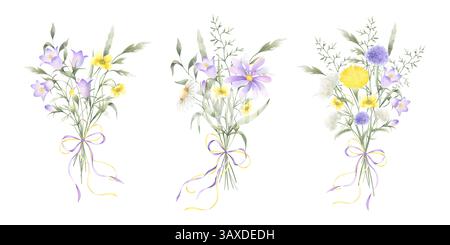 Mazzi di fiori selvatici acquerelli camomilla, fiori di campanello, dente di leone, tazza di farfalla, yarrow e prato con archi legati. Illustrazione isolata disegnata a mano Foto Stock
