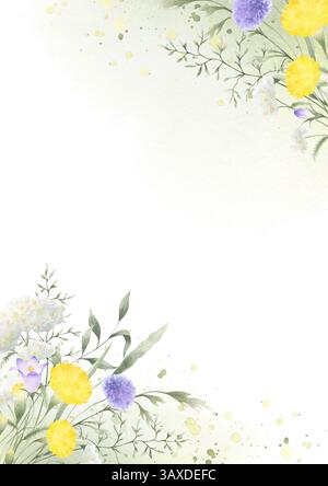 Cartolina floreale di fiori selvatici di acquerello, falco, tarassio, freccia e prato erboso isolato dallo sfondo con spazio per copia, A4. Disegnato a mano voi Foto Stock