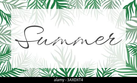 Striscione con foglie di palma e scritte estive. Modello orizzontale in stile hawaiano. Sfondo con foglie tropicali. Vettore Illustrazione Vettoriale