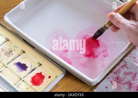 Un artista maschile risciacqua un pennello per scoiattoli di acquerello magenta in una ciotola d'acqua, Regno Unito. Concetto: Arte, pittura, hobby per adulti, hobby per adulti Foto Stock