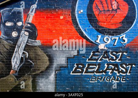 16 novembre 2016 - Belfast, Irlanda del Nord, Regno Unito - East Belfast Brigade. Uno dei murales lealisti in fondo a Newtownards Road a East Belfast, Irlanda del Nord, Regno Unito. UF.F. murale, Belfast Est. Finché cento di noi rimarranno vivi, non acconsentiremo mai, in ogni caso, a sottometterci agli irlandesi per la loro non gloria, onore o ricchezze lottiamo, ma per la sola libertà che nessun uomo perde, ma con la sua vita. U.D.A./U.F.F.' (immagine di credito: © Sergi Reboredo via ZUMA Wire) Foto Stock