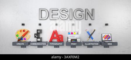 Concetto di design digitale. Comunicazione, tipografia, stampa, illustrazione, icone Web 3d. Sfondo bianco. Foto Stock