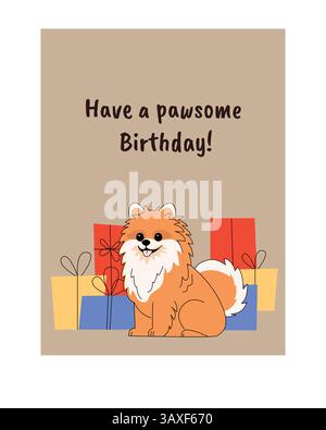 Adorabile cane della Pomerania seduto felicemente davanti a colorate confezioni regalo su un biglietto di compleanno. cane seduto di fronte a colorate confezioni regalo. Illustrazione Vettoriale