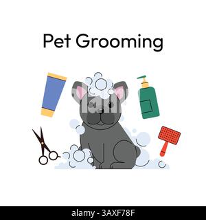 Bulldog francese che si gode un bagno. L'adorabile cucciolo è ricoperto di bolle di sapone, circondato da strumenti per la cura del corpo come shampoo, forbici e un pennello. Illustrazione Vettoriale