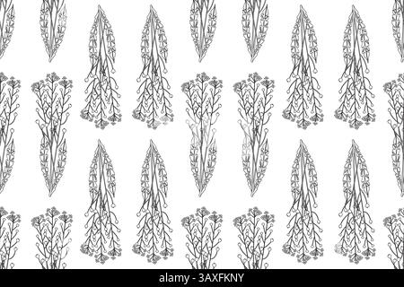 Line art piante botaniche motivo floreale senza cuciture con illustrazione vettoriale fiori selvatici. Delineare i fiori di doodle ripetuti su sfondo bianco. Immagine Illustrazione Vettoriale