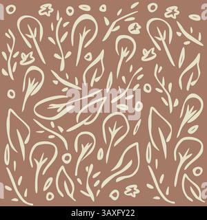 Motivo foglie fogliame - colori pastello su sfondo Mocha Mousse - vettore illustrazione disegnata a mano Illustrazione Vettoriale