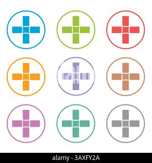 Set di nove icone a croce in cerchi Design vettoriale multicolore Illustrazione Vettoriale