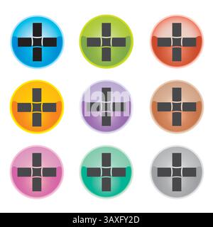 Set di nove icone a croce in cerchi Design vettoriale multicolore Illustrazione Vettoriale