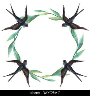 Andane retrò e ghirlanda a molla con foglie verdi. Modello botanico ad acquerello disegnato a mano con uccelli e fogliame colorato. Perfetto per la stagione Foto Stock