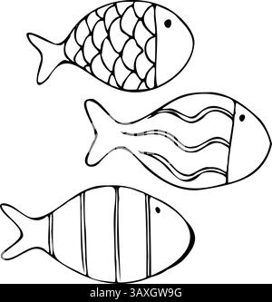 Piccoli pesci rotondi di forma semplice con motivi rustici. Grafica a linee disegnata a mano sul tema del mare e della pesca in inchiostro bianco e nero. Set di Illustrazione Vettoriale