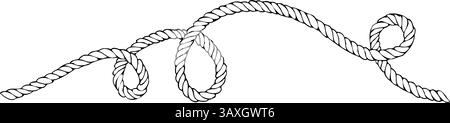 Corda, spago, iuta, dritta, ondulata e attorcigliata con anelli. Grafica a linee disegnata a mano sul tema del mare e della pesca in inchiostro bianco e nero Illustrazione Vettoriale