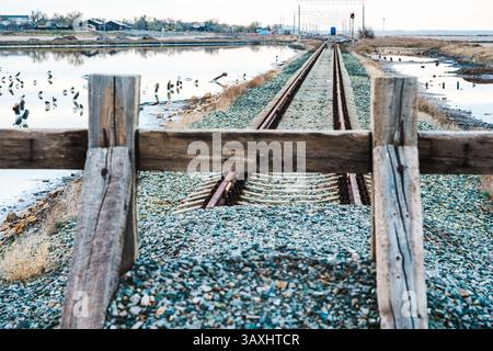 Fine della strada. I binari ferroviari sono ricoperti di ghiaia e ricoperti da una recinzione di legno. Vicolo cieco, zona chiusa. Il concetto di non via d'uscita, alienato Foto Stock