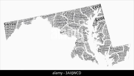Contee in stile testo del Maryland. La regione di stato nomina nuvole di parole in lingua inglese. Illustrazione vettoriale di classe. Illustrazione Vettoriale
