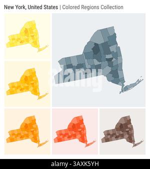 New York, Stati Uniti. Raccolta mappe. Stato forma. Contee colorate. Blu grigio, giallo, ambra, arancione, arancione profondo, tavolozze di colore marrone. Illustrazione Vettoriale