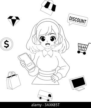 Illustrazione in stile cartoni animati di un'allegra agente del servizio clienti che tiene in mano uno smartphone, circondata da icone relative allo shopping online e agli sconti Illustrazione Vettoriale
