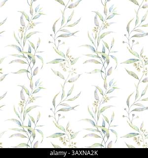 Motivo ad acquerello all'eucalipto senza cuciture. Illustrazione botanica dipinta a mano con delicati rametti e fiori in tenui tonalità pastello. Ideale per Foto Stock