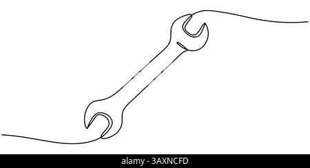 Disegno continuo della chiave. Una linea di chiave meccanica. Concetto di strumento di lavoro arte in linea continua. Contorno modificabile. Illustrazione Vettoriale
