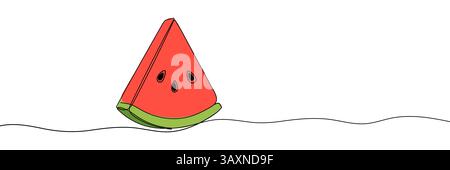 Una linea continua che disegna frutta di melone d'acqua. Frutto estivo brillante e succoso, disegno continuo di anguria con testo anguria. Modalità Illustrazione Vettoriale